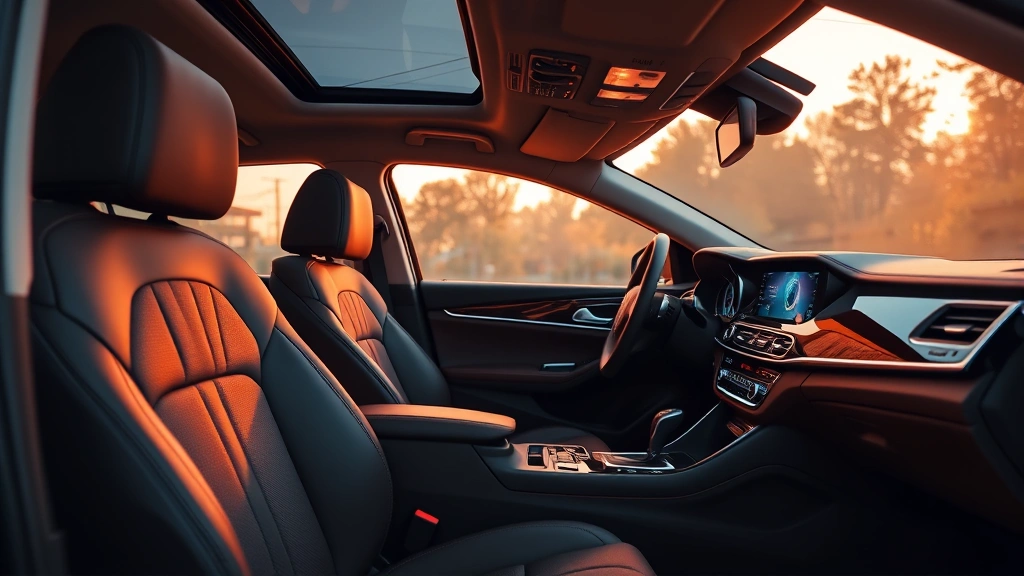 Premium luxury sedan interior with leather seating, ambient lighting, and modern dashboard technology in soft warm tones