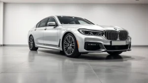 Sleek silver BMW 7 Series luxury sedan photographed from three-quarter angle in modern minimalist showroom with soft white lighting and polished concrete floor