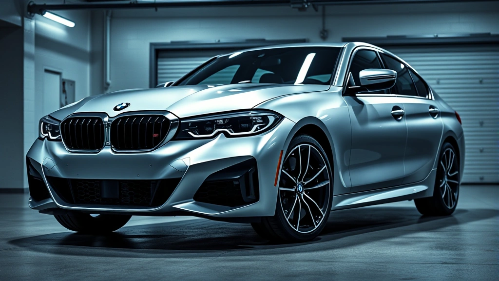 Professional studio photography of sleek silver BMW M340i xDrive sedan, three-quarter front view, dramatic lighting emphasizing athletic stance and sharp body lines, modern garage background, photorealistic detail