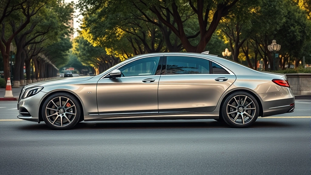 Sleek luxury sedan with elegant exterior design, sophisticated chrome accents, parked on tree-lined boulevard, professional automotive photography lighting