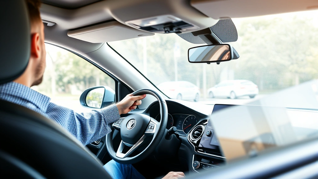 Professional automotive reviewer examining vehicle interior dashboard and steering wheel in natural daylight, detailed ergonomic assessment of controls and technology interface