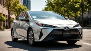 2024 Toyota Prius hybrid sedan in modern silver metallic, three-quarter front view, contemporary urban environment with green trees, bright daylight, professional automotive photography