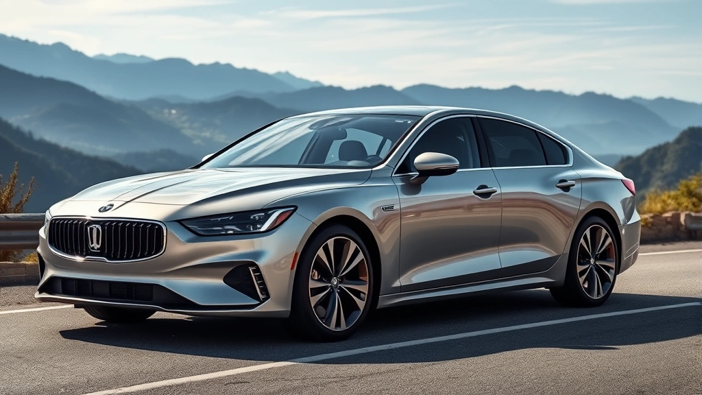 Sleek premium luxury sedan in silver metallic with elegant curves, photographed on mountain road with scenic vista background, professional automotive photography