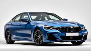 2024 BMW M440i xDrive sedan photographed from three-quarter front angle, metallic blue finish, modern luxury automotive design, professional studio lighting, premium German engineering showcase