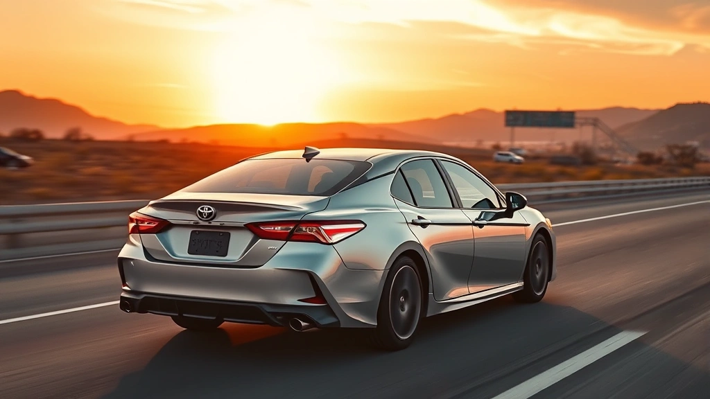 2024 Toyota Camry sedan driving on open highway with sunset lighting, professional automotive photography, sleek design emphasis, no license plate visible