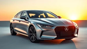 Modern luxury sedan in sleek silver, photographed from three-quarter front angle at sunset, showcasing refined styling and contemporary design elements, professional automotive photography studio setting