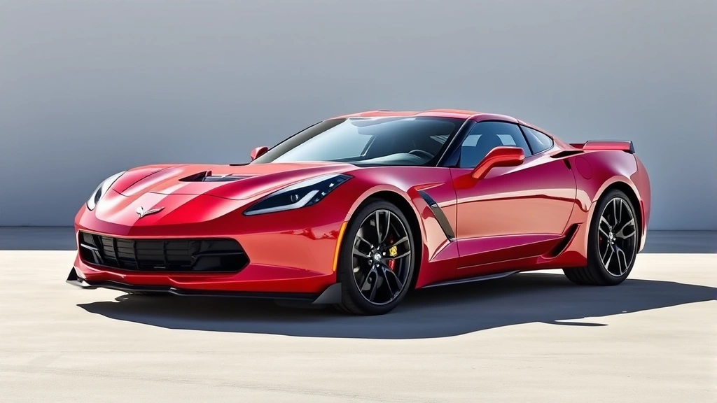 Sleek red Chevrolet Corvette C8 mid-engine sports car photographed from three-quarter angle in bright daylight, showcasing muscular curves and modern design elements against neutral background
