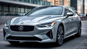 Sleek luxury sedan with angular LED headlights, metallic silver finish, parked in modern urban setting with glass architecture background, professional automotive photography