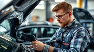 Professional automotive reviewer conducting detailed vehicle inspection with diagnostic tools, natural daylight, modern sedan in background, focused analytical expression, clean workshop setting