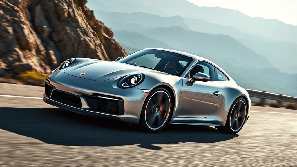 2024 Porsche 911 Carrera S in silver driving on mountain road, dynamic angle showing aerodynamic profile and LED headlights, professional automotive photography