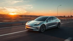 Sleek silver Tesla Model 3 accelerating on open highway at sunset, dynamic motion blur background, professional automotive photography