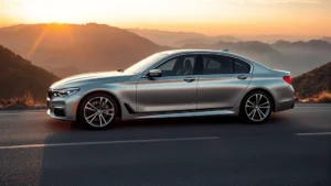 Sleek silver BMW 7 Series sedan photographed at sunset on mountain road, emphasizing elegant proportions and premium styling details, professional automotive photography