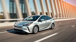 2024 Toyota Prius Prime in silver driving on modern highway with clean lines, bright daylight, professional automotive photography style