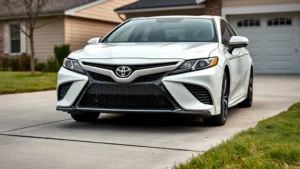 2024 Toyota Camry pearl white sedan parked in modern suburban driveway, front three-quarter view, clean lines and contemporary styling visible