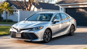 2024 Toyota Camry sedan parked in suburban driveway, silver exterior, clean modern design, afternoon sunlight, residential setting