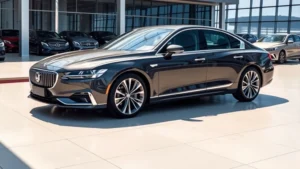 Modern luxury sedan with sleek design, side profile view, premium chrome detailing, professional automotive photography, sunlit dealership setting, high-end vehicle showcase