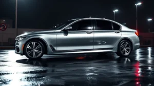 Sleek silver BMW 7 Series luxury sedan photographed from three-quarter angle on wet asphalt with dramatic lighting reflecting off polished paint and chrome details