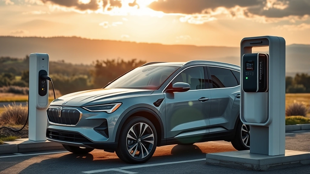 Modern electric SUV charging at sleek public DC fast-charging station with landscape background, sunlight reflecting off vehicle's glossy exterior