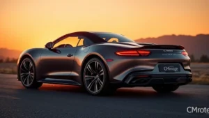 High-performance luxury coupe with sleek aerodynamic design, photographed from three-quarter angle at sunset, metallic paint gleaming, premium alloy wheels visible, convertible or fixed roof configuration, professional automotive photography