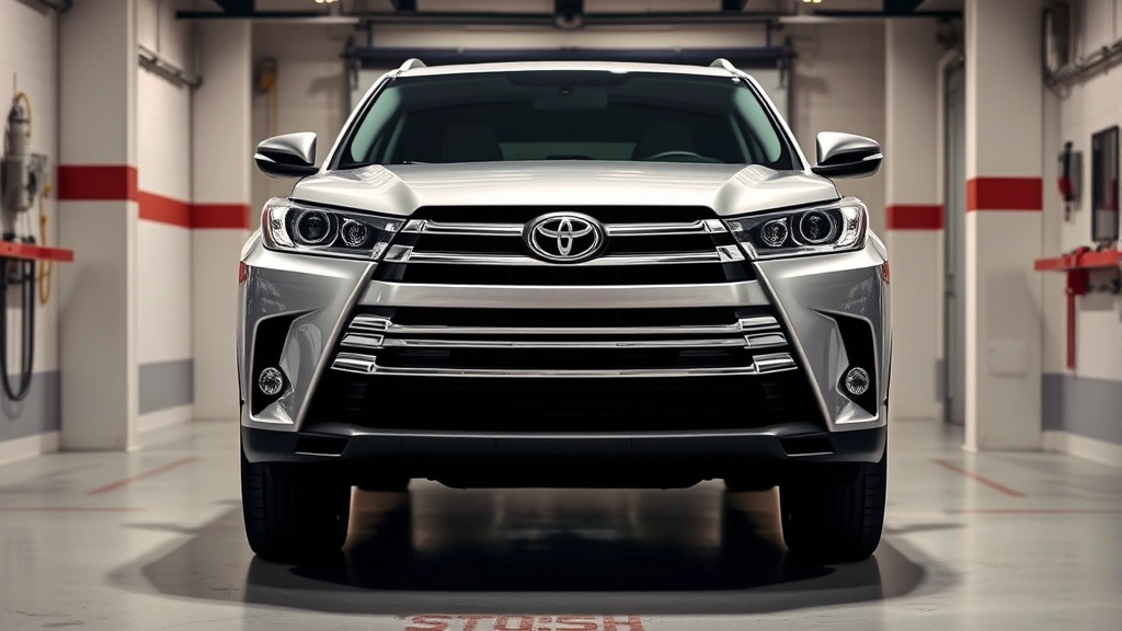 Toyota Grand Highlander three-row SUV photographed from three-quarter front angle in modern garage setting, bright professional lighting highlighting silver metallic paint and chrome accents, clean showroom condition