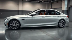 Sleek luxury sedan with chrome accents parked in modern garage, soft studio lighting highlighting elegant curves and refined details, premium leather interior visible through windows, photorealistic automotive photography