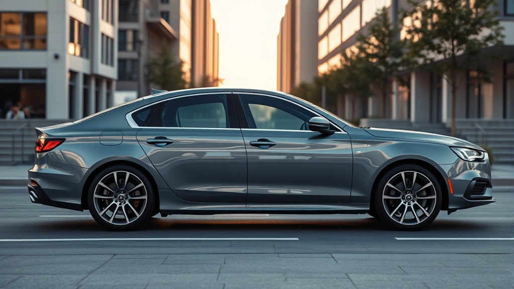 Luxury sedan side profile showcasing elegant body lines and premium alloy wheels against modern urban backdrop with soft afternoon lighting