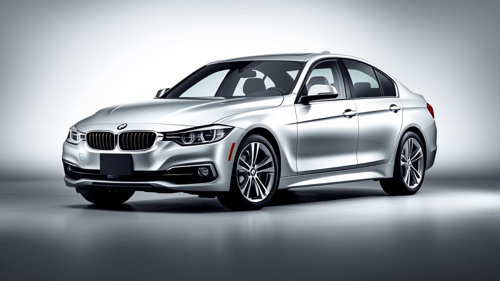 Sleek silver BMW 3 Series sedan photographed from three-quarter front angle in professional studio lighting, polished wheels gleaming, modern minimalist background