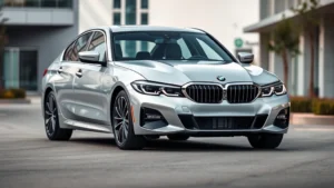 2024 BMW 3 Series sedan in metallic silver, three-quarter front view, modern street setting, professional automotive photography