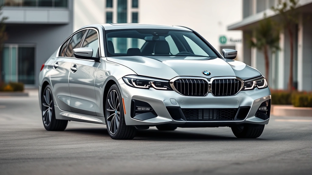 2024 BMW 3 Series sedan in metallic silver, three-quarter front view, modern street setting, professional automotive photography