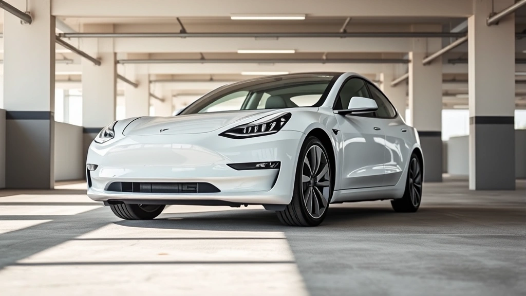 Wide-angle shot of sleek 2024 Tesla Model 3 Performance in pearl white, photographed from three-quarter front angle in modern parking structure with clean lines and natural lighting