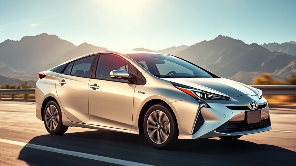 Modern Toyota Prius hybrid sedan driving on sunny highway with mountains in background, showcasing sleek aerodynamic design and contemporary hybrid styling