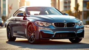 Sleek BMW M440i xDrive sedan in metallic blue, professional three-quarter front view, urban background, morning sunlight reflecting off polished hood, premium luxury automotive photography