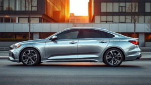 Side profile of sleek 2024 sedan in silver, photographed at golden hour with modern urban architecture background, clean lines emphasizing aerodynamic design