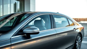 Luxury sedan with sleek metallic paint, panoramic glass roof, premium leather interior visible through windows, photographed against modern architecture