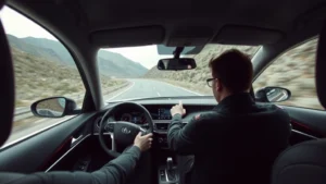 Professional automotive expert testing luxury sedan on winding mountain road, overcast conditions, dynamic driving position visible through windshield