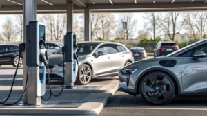 Modern electric vehicle charging at public station with multiple chargers, sleek contemporary design, cars in background, daytime outdoor setting, photorealistic quality