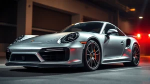 High-performance sports car Porsche 911 Turbo S silver metallic paint aggressive aerodynamic stance low angle photography dynamic lighting