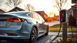 Modern electric sedan charging at Level 2 home charger with open charge port visible, suburban driveway setting, evening lighting, photorealistic automotive photography