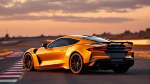 High-performance 2024 sports car photographed from three-quarter angle on test track with dynamic lighting, showcasing aggressive aerodynamics and muscular stance