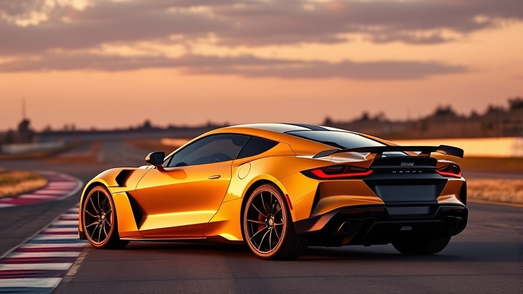 High-performance 2024 sports car photographed from three-quarter angle on test track with dynamic lighting, showcasing aggressive aerodynamics and muscular stance