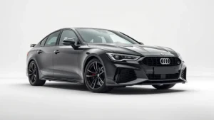 High-performance turbocharged sedan, three-quarter front angle, aggressive stance with lowered suspension, premium alloy wheels, professional automotive studio lighting, modern sleek design