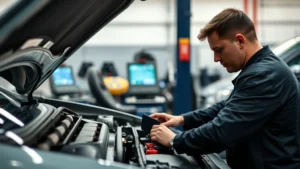 Professional mechanic checking engine oil level on sedan in well-lit service bay with diagnostic equipment visible in background
