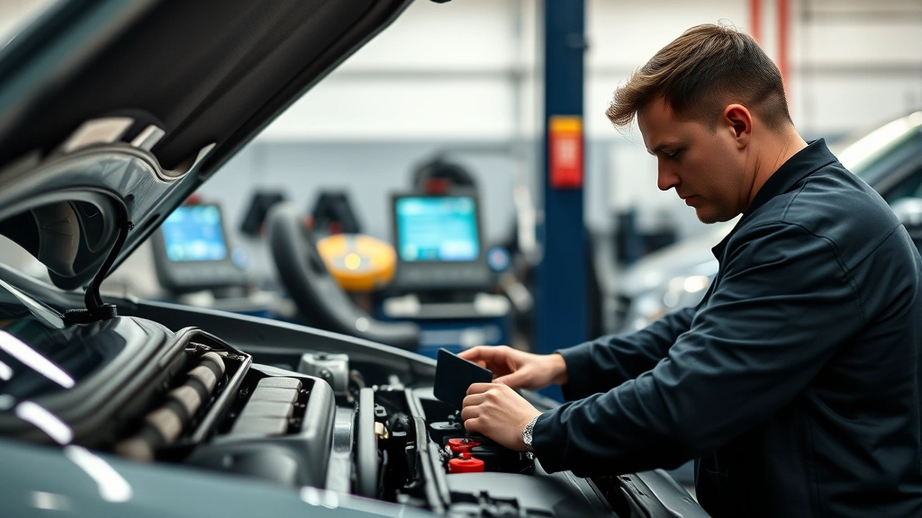 Professional mechanic checking engine oil level on sedan in well-lit service bay with diagnostic equipment visible in background
