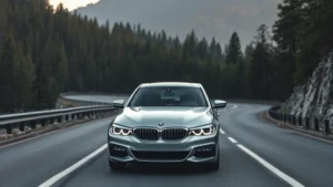 Luxury silver BMW 3 Series sedan photographed from front three-quarter angle on a winding mountain road with forest background, professional automotive photography style, dramatic lighting