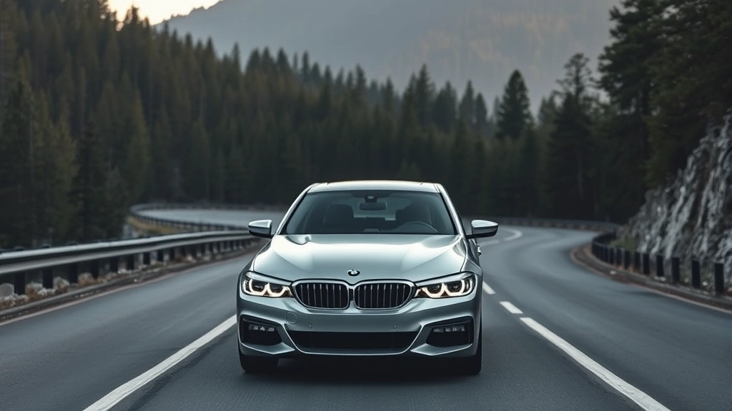Luxury silver BMW 3 Series sedan photographed from front three-quarter angle on a winding mountain road with forest background, professional automotive photography style, dramatic lighting