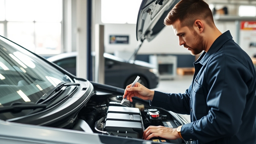 Professional mechanic performing detailed engine oil inspection on a modern sedan in a well-lit service bay, holding dipstick, clean workshop environment, natural lighting highlighting the engine compartment