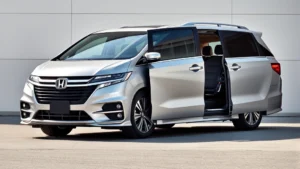 Modern Honda Odyssey minivan exterior three-quarter view silver finish sliding doors visible spacious family-focused design professional automotive photography