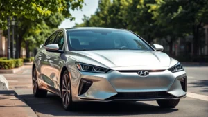 Modern silver hybrid sedan parked in urban environment with green trees, sunlight reflecting off hood and windshield, professional automotive photography style