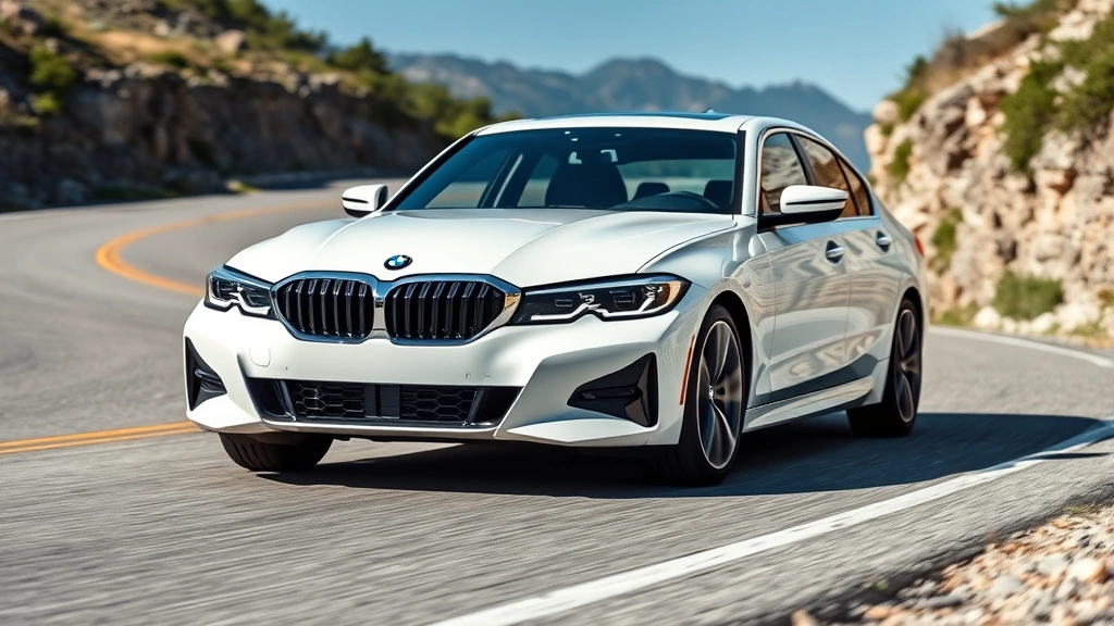 2023 BMW 340i sedan in alpine white, three-quarter front view on winding mountain road, dynamic driving pose, professional automotive photography, clear daylight, sharp focus on vehicle design