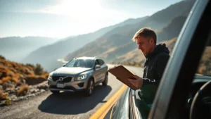 Professional automotive journalist testing vehicle handling on winding mountain road, focused expression, clipboard visible, morning sunlight, realistic photography